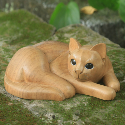 Wood sculpture, 'Marmalade Tabby' - Hand Carved and Painted Yellow Tabby Cat Sculpture in Wood