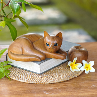 Wood sculpture, 'Marmalade Tabby' - Hand Carved and Painted Yellow Tabby Cat Sculpture in Wood