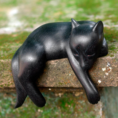 Wood statuette, 'Kintamani Dog' - Black Wood Sleeping Dog Statuette from Suar Wood