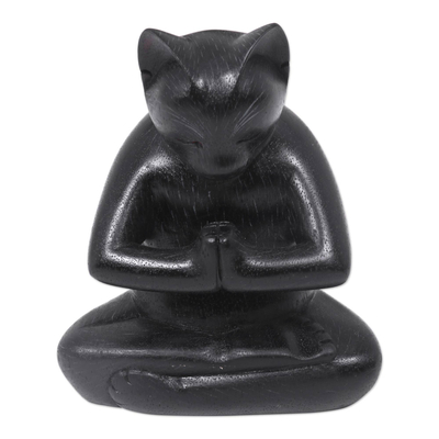 Black Cat Praying in a Yoga Pose Signed Wood Sculpture