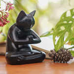 Wood sculpture, 'Black Cat Prayer' - Black Cat Praying in a Yoga Pose Signed Wood Sculpture