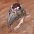 Garnet cocktail ring, 'Starling Romance' - Handcrafted Balinese Bird Theme Silver and Garnet Ring (image 2b) thumbail