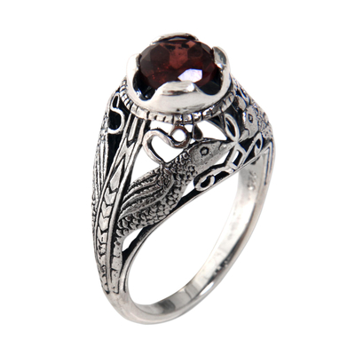 Garnet cocktail ring, 'Starling Romance' - Handcrafted Balinese Bird Theme Silver and Garnet Ring