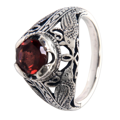 Garnet cocktail ring, 'Starling Romance' - Handcrafted Balinese Bird Theme Silver and Garnet Ring