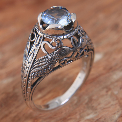 Blue topaz cocktail ring, 'Starling Romance' - Balinese Sterling Silver and Blue Topaz Bird Theme Ring