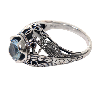 Blue topaz cocktail ring, 'Starling Romance' - Balinese Sterling Silver and Blue Topaz Bird Theme Ring