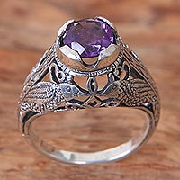 Amethyst cocktail ring, 'Starling Romance' - Bird Theme Amethyst and Sterling Silver Balinese Ring