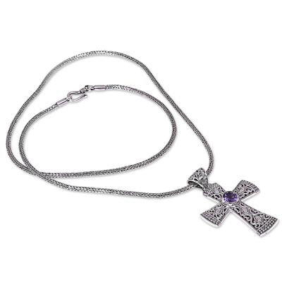 Amethyst pendant necklace, 'Tropical Cross' - Artisan Crafted Balinese Cross Necklace with Amethyst