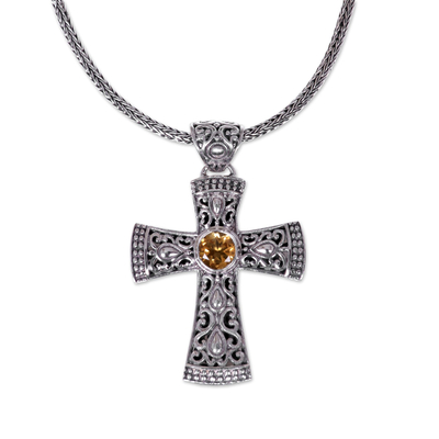 Citrine pendant necklace, 'Tropical Cross' - Artisan Crafted Balinese Citrine and Silver Cross Necklace