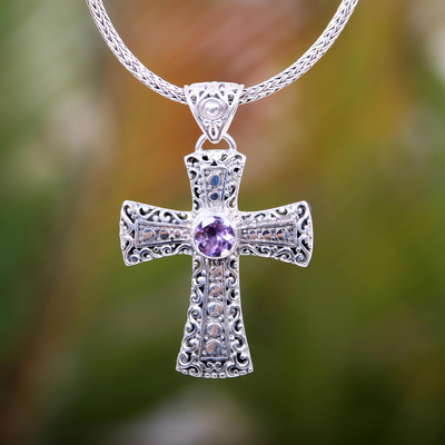 Amethyst pendant necklace, 'Magnificent Cross' - Ornate Sterling Silver and Amethyst Cross Necklace