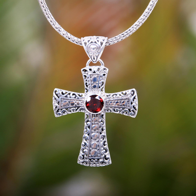 Garnet pendant necklace, 'Magnificent Cross' - Handcrafted Sterling Silver and Garnet Cross Necklace