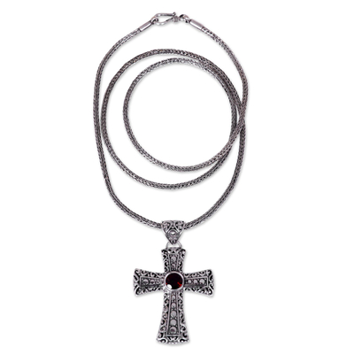 Garnet pendant necklace, 'Magnificent Cross' - Handcrafted Sterling Silver and Garnet Cross Necklace