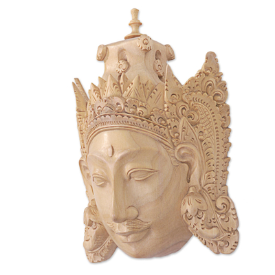 Wood mask, 'Rama' - Hand Carved Wood Mask of Rama Floral Motif from Indonesia