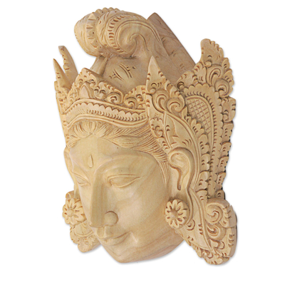 Wood mask, 'Sita' - Hand Carved Wood Mask of Sita Floral Motif from Indonesia