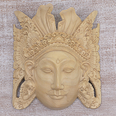 Wood mask, 'Jayaprana' - Hand Carved Wood Mask of Jayaprana Floral from Indonesia