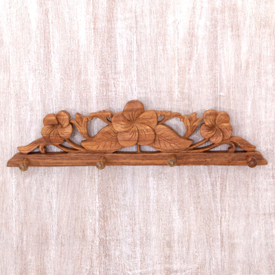 Balinese Wood Coat Rack with Hand Carved Flowers - Sweet Frangipani