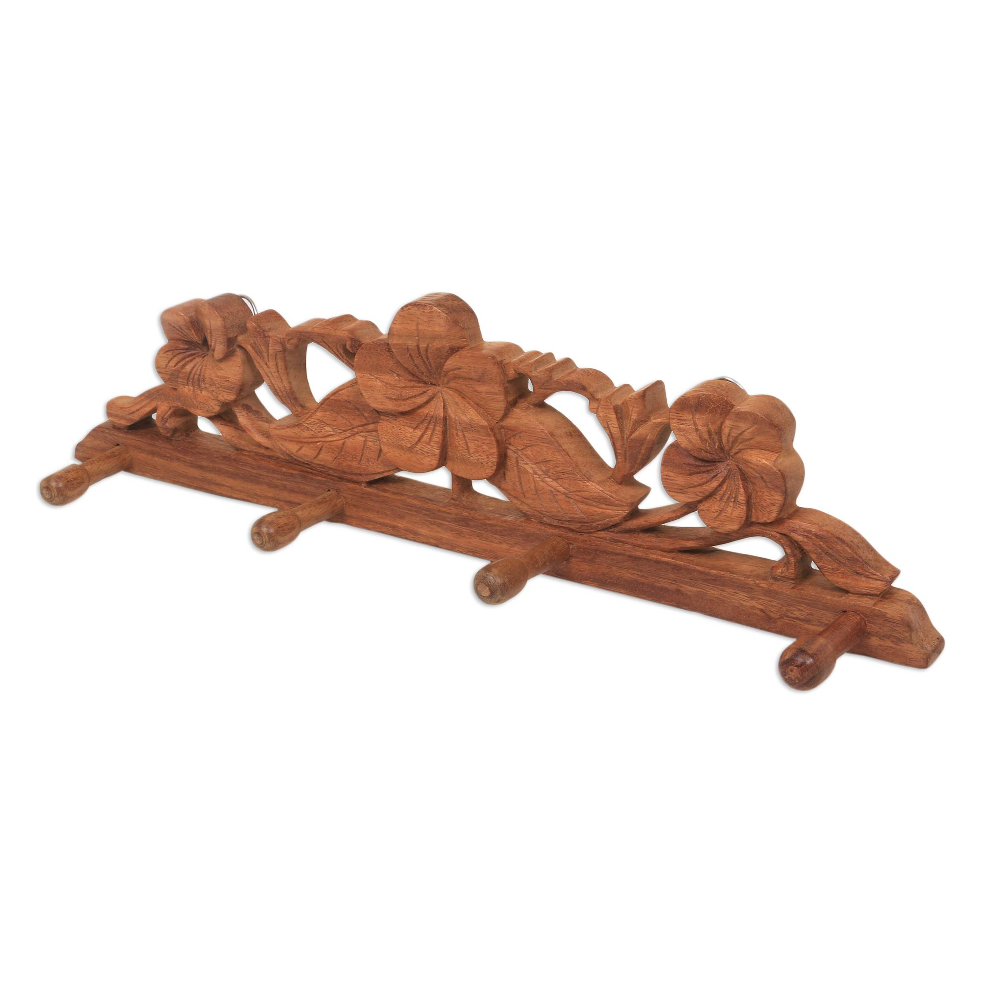 Balinese Wood Coat Rack with Hand Carved Flowers - Sweet Frangipani
