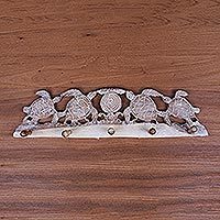 Wood coat rack, 'Turtle Bay Beach' - Whitewashed Wood Five Hook Coat Rack with Turtle Engraving