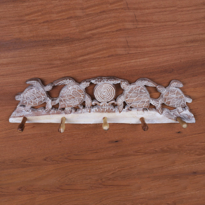 Wood coat rack, 'Turtle Bay Beach' - Whitewashed Wood Five Hook Coat Rack with Turtle Engraving
