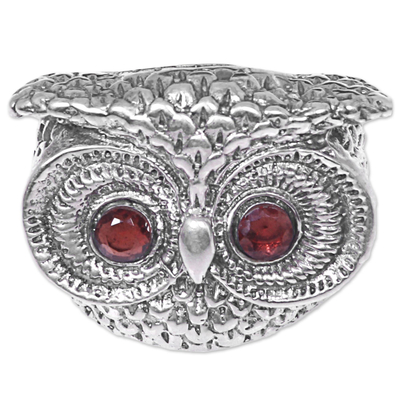 Garnet cocktail ring, 'Owl Eyes' - Handmade Balinese Sterling Silver Owl Ring with Garnet Eyes