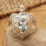Blue topaz cocktail ring, 'Turtle Empathy' - 925 Sterling Silver Animal Theme Turtle Ring with Blue Topaz