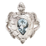 Blue topaz cocktail ring, 'Turtle Empathy' - 925 Sterling Silver Animal Theme Turtle Ring with Blue Topaz