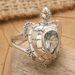 Blue topaz cocktail ring, 'Turtle Empathy' - 925 Sterling Silver Animal Theme Turtle Ring with Blue Topaz