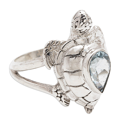 Blue topaz cocktail ring, 'Turtle Empathy' - 925 Sterling Silver Animal Theme Turtle Ring with Blue Topaz