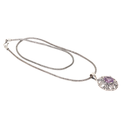 Amethyst pendant necklace, 'Crystalline Orchid' - Balinese Amethyst Necklace Handcrafted of Sterling Silver