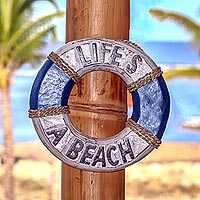 Wood sign, 'Life Ring' - Hand Made Wood Nautical Sign Beach Ring from Indonesia