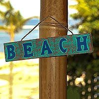 Wood sign, 'Beach in Turquoise and Red' - Hand Carved Beach Wood Sign Agel Grass from Indonesia