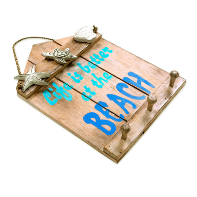 Wood coat rack, 'Life is Better at the Beach' - Beach and Nautical Distressed Wood Coat Rack from Indonesia