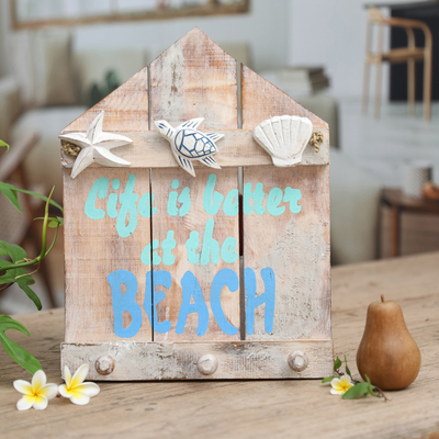 Wood coat rack, 'Life is Better at the Beach' - Beach and Nautical Distressed Wood Coat Rack from Indonesia