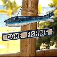 Wood sign, 'Gone Fishing' - Hand Made Wood Fish Shaped Nautical Sign from Indonesia