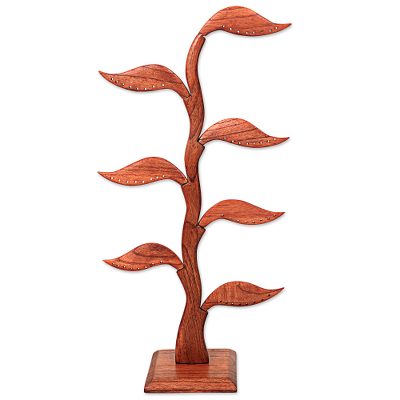 Wood earring holder, 'Bay Leaf in Brown' - Hand Carved Natural Wood Earring Holder with Bay Leaves