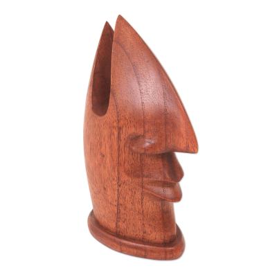 Wood eyeglasses stand, 'Friendly Face' - Natural Wood Glasses Holder with Facial Form from Bali