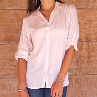 Rayon blouse, 'Tiara in Peach' - Artisan Crafted 100% Rayon Long-Sleeved Blouse in Peach