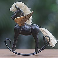 Wood sculpture, 'Flying Horse in Black' - Hand Made Black Rocking Horse Sculpture from Indonesia