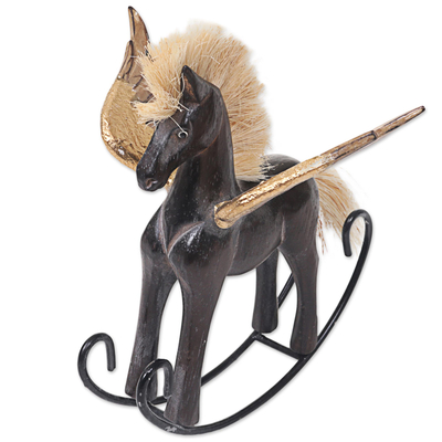 Escultura de madera - Escultura de caballo balancín negro hecha a mano de Indonesia