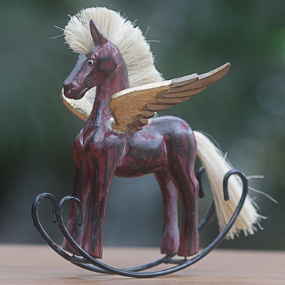 Wood sculpture, 'Flying Horse in Red' - Hand Made Red Rocking Horse Sculpture from Indonesia