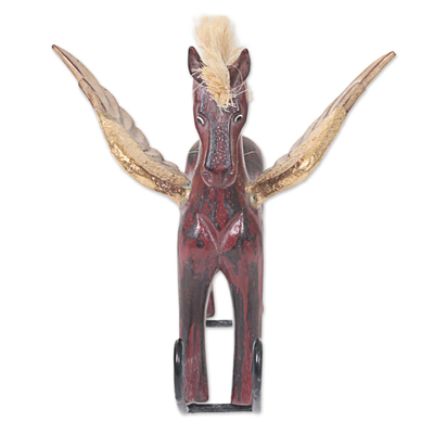 Wood sculpture, 'Flying Horse in Red' - Hand Made Red Rocking Horse Sculpture from Indonesia