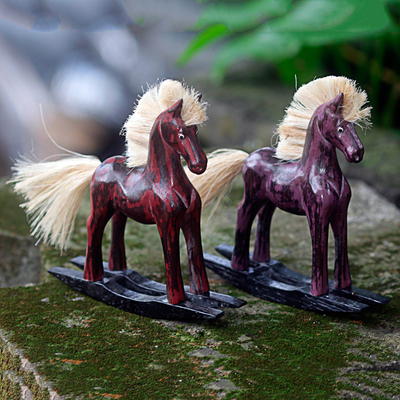 Wood sculptures, 'Red and Purple Horses' (pair) - Hand Made Wood Sculptures Rocking Horses (Pair) Indonesia