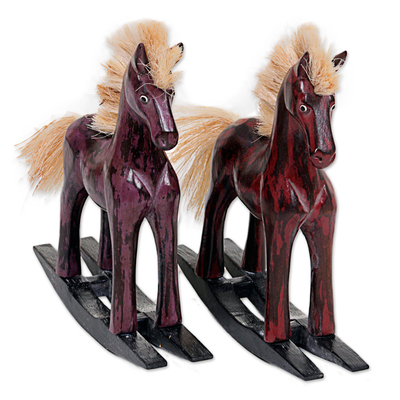 Wood sculptures, 'Red and Purple Horses' (pair) - Hand Made Wood Sculptures Rocking Horses (Pair) Indonesia