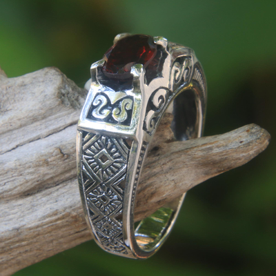Garnet cocktail ring, 'Noble Princess' - Ornate Handcrafted Garnet and Sterling Silver Cocktail Ring