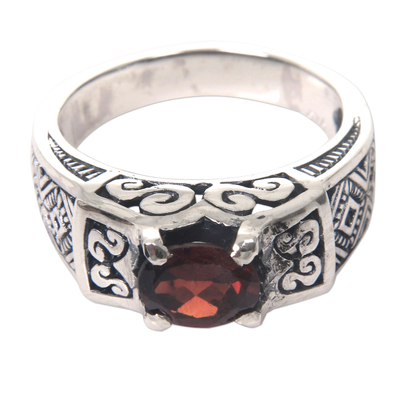 Garnet cocktail ring, 'Noble Princess' - Ornate Handcrafted Garnet and Sterling Silver Cocktail Ring