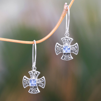 Blue topaz dangle earrings, 'Cross Pattee' - Balinese Handcrafted Silver and Blue Topaz Cross Earrings