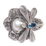 Cultured pearl and blue topaz cocktail ring, 'Rafflesia Flower' - Cultured Pearl Cocktail Ring Dragonfly from Indonesia