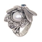 Cultured pearl and blue topaz cocktail ring, 'Rafflesia Flower' - Cultured Pearl Cocktail Ring Dragonfly from Indonesia