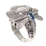 Cultured pearl and blue topaz cocktail ring, 'Rafflesia Flower' - Cultured Pearl Cocktail Ring Dragonfly from Indonesia