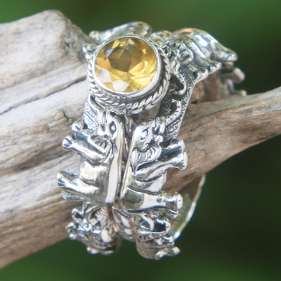 Citrine and sterling silver stacking rings, 'Elephant Shrine' (set of 3) - Citrine and Silver Stacking Rings (Set of 3) from Indonesia